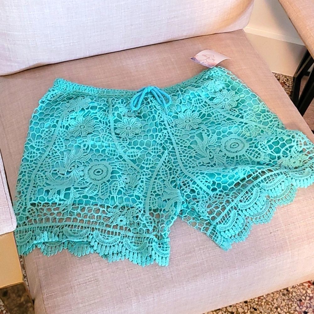 NWOT Crochet Summer Laced Teal Shorts